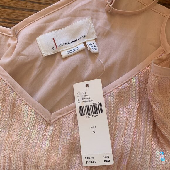 NWT Anthropologie Sz 4 Cami Top Amelie Pale Pink Rose Sequin Ruffle Iridescent - Picture 4 of 7